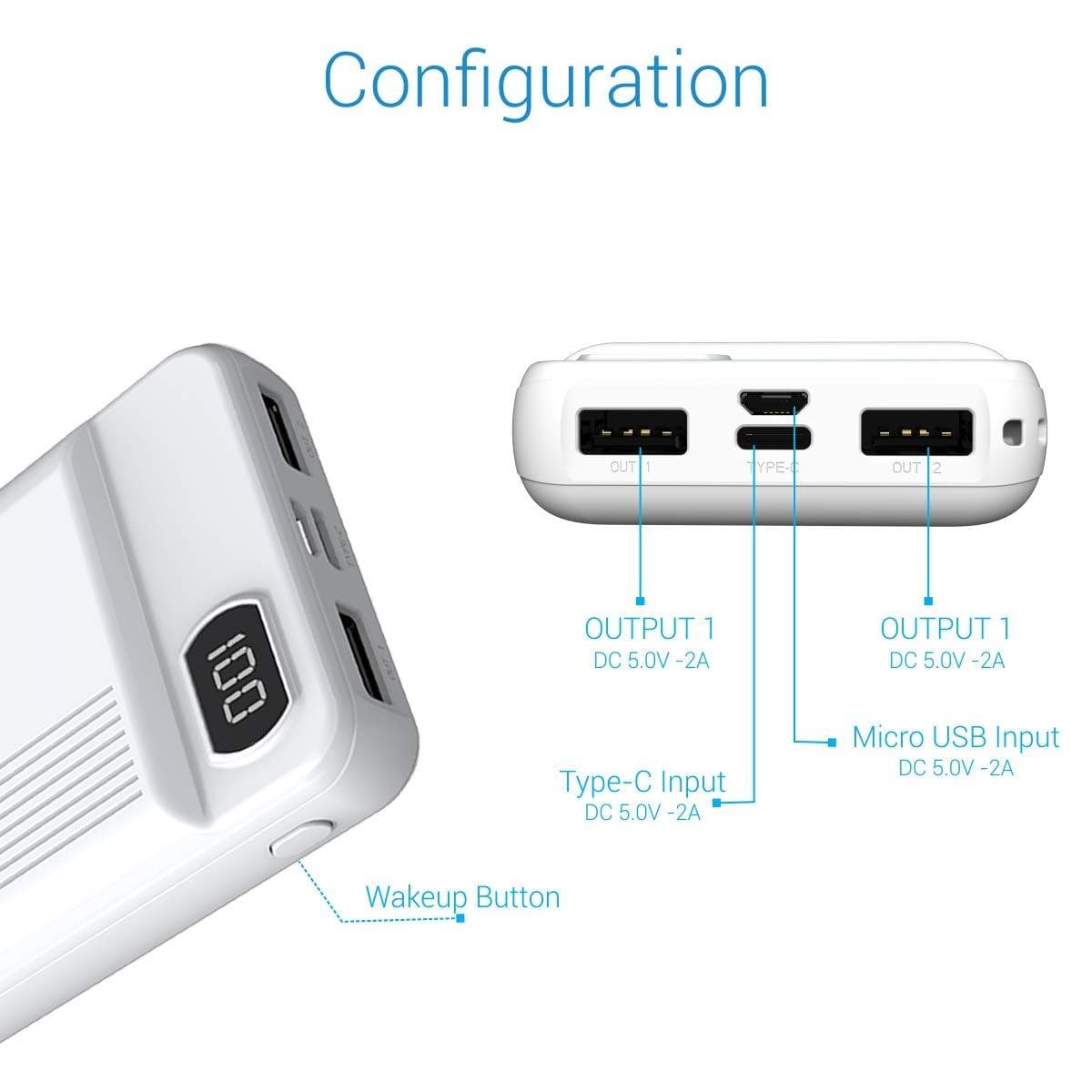 Portronics Indo 10D 10,000 mAh Power Bank Dual Input(Type C + Micro USB) and Dual Output with Display (White)-Power Bank-dealsplant