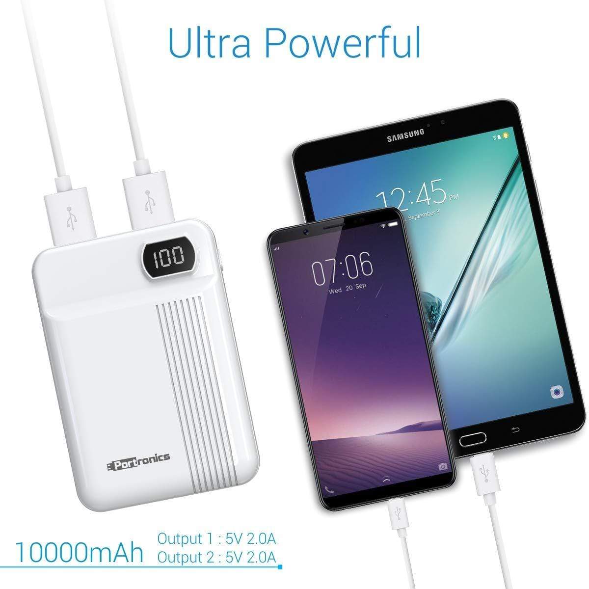 Portronics Indo 10D 10,000 mAh Power Bank Dual Input(Type C + Micro USB) and Dual Output with Display (White)-Power Bank-dealsplant