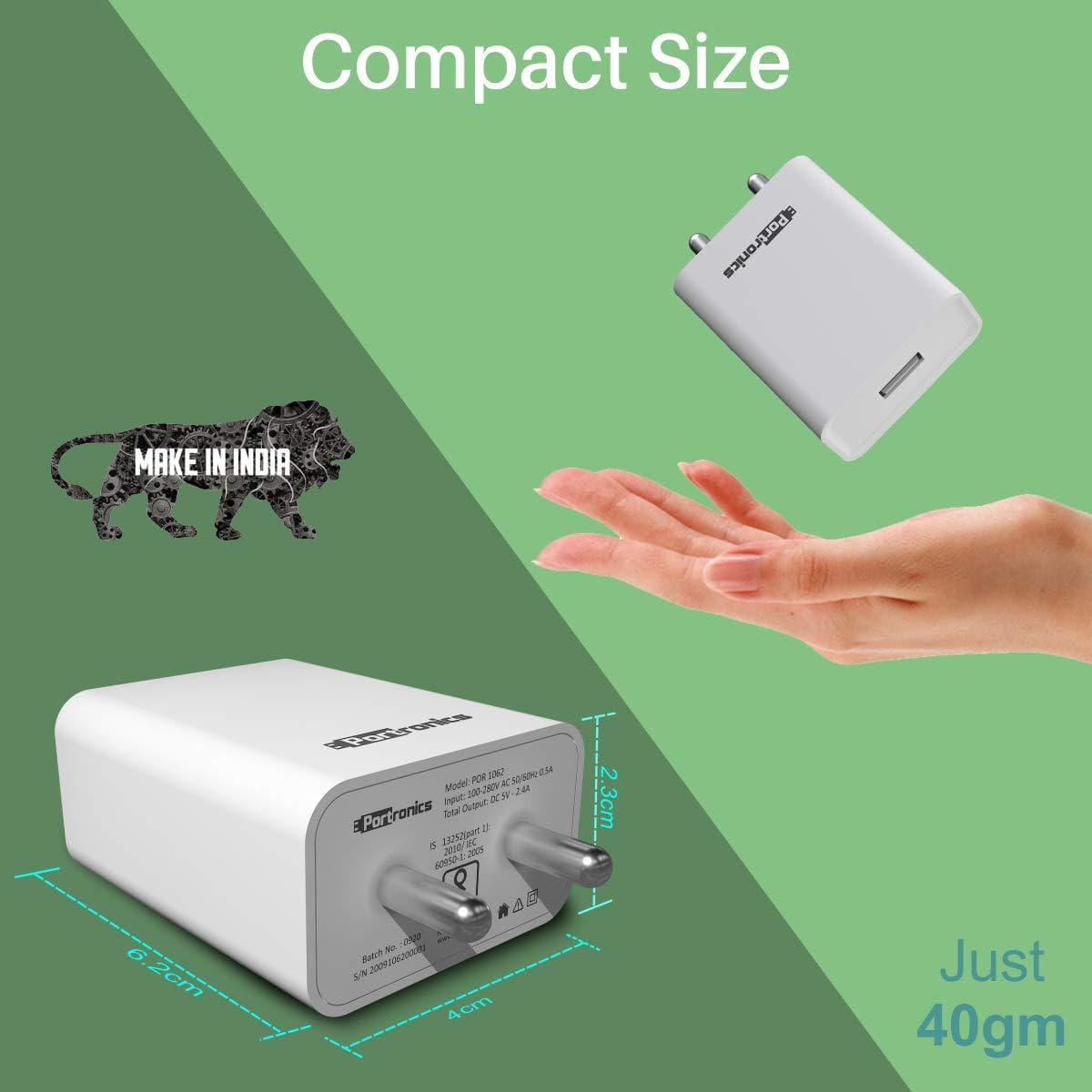 Portronics Adapto POR-1062 USB Wall Adapter with 2.4A Fast Charging Single USB Port Without Cable-Wall Adapter-dealsplant