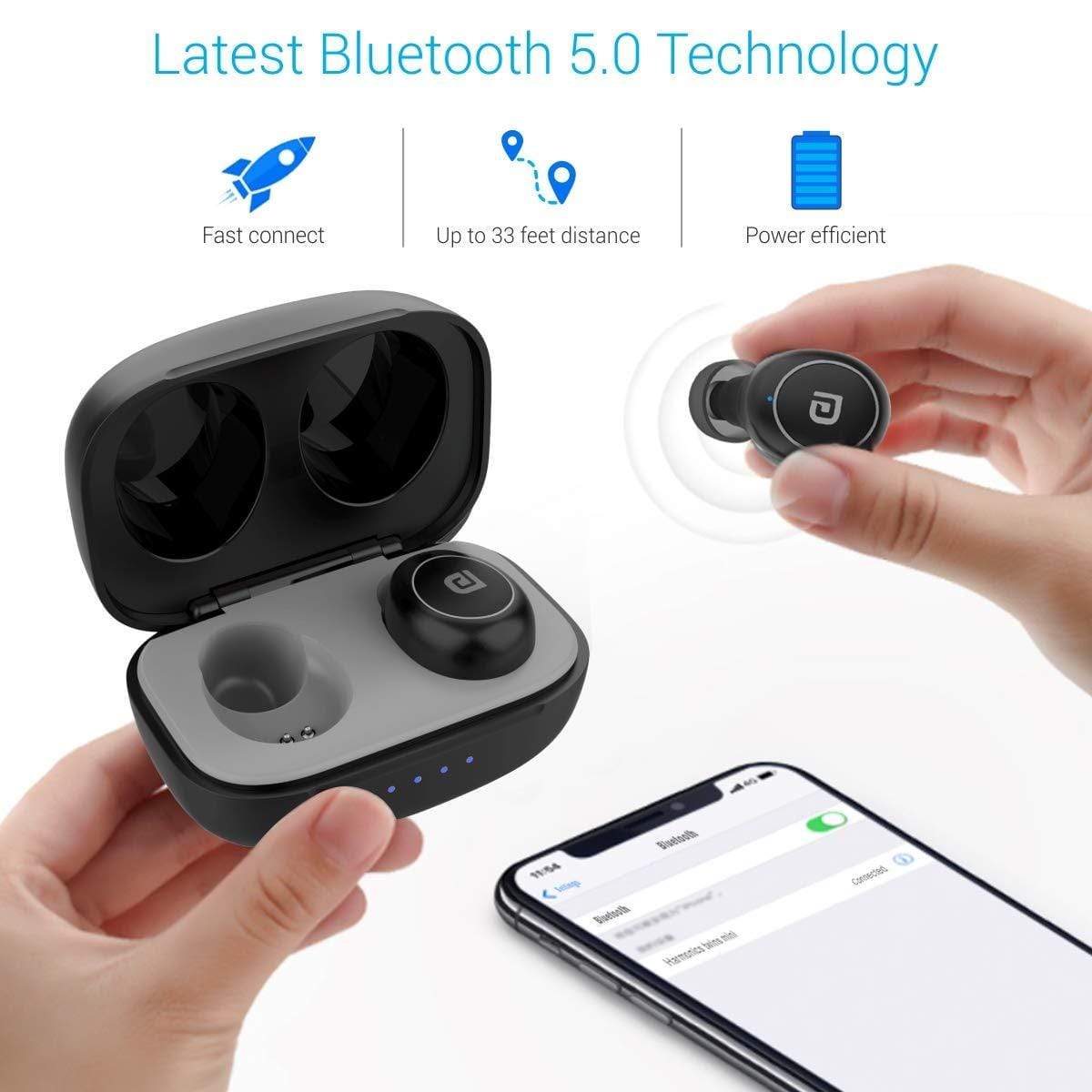 Portronics Harmonics Twins Mini POR-325 HD True Wireless Stereo Headphones with High Bass, LED Indicator, TWS Bluetooth 5.0 Wireless Earphones, Black-Wired Earphone-dealsplant