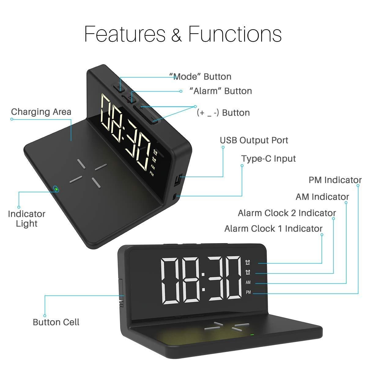 Portronics Freedom 4A a Desktop Wireless Mobile Charger with QC Adapter for Fast Charging and Alarm Clock (Black)-Wireless Charger-dealsplant