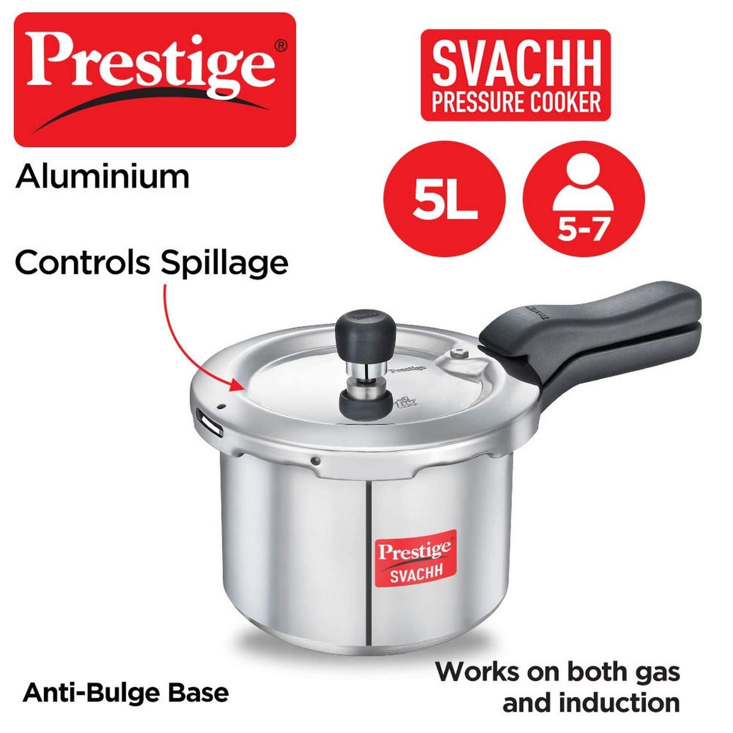 Prestige Svachh Aluminium Pressure Cooker, with Spillage Control, 5L-Home & Kitchen Accessories-dealsplant