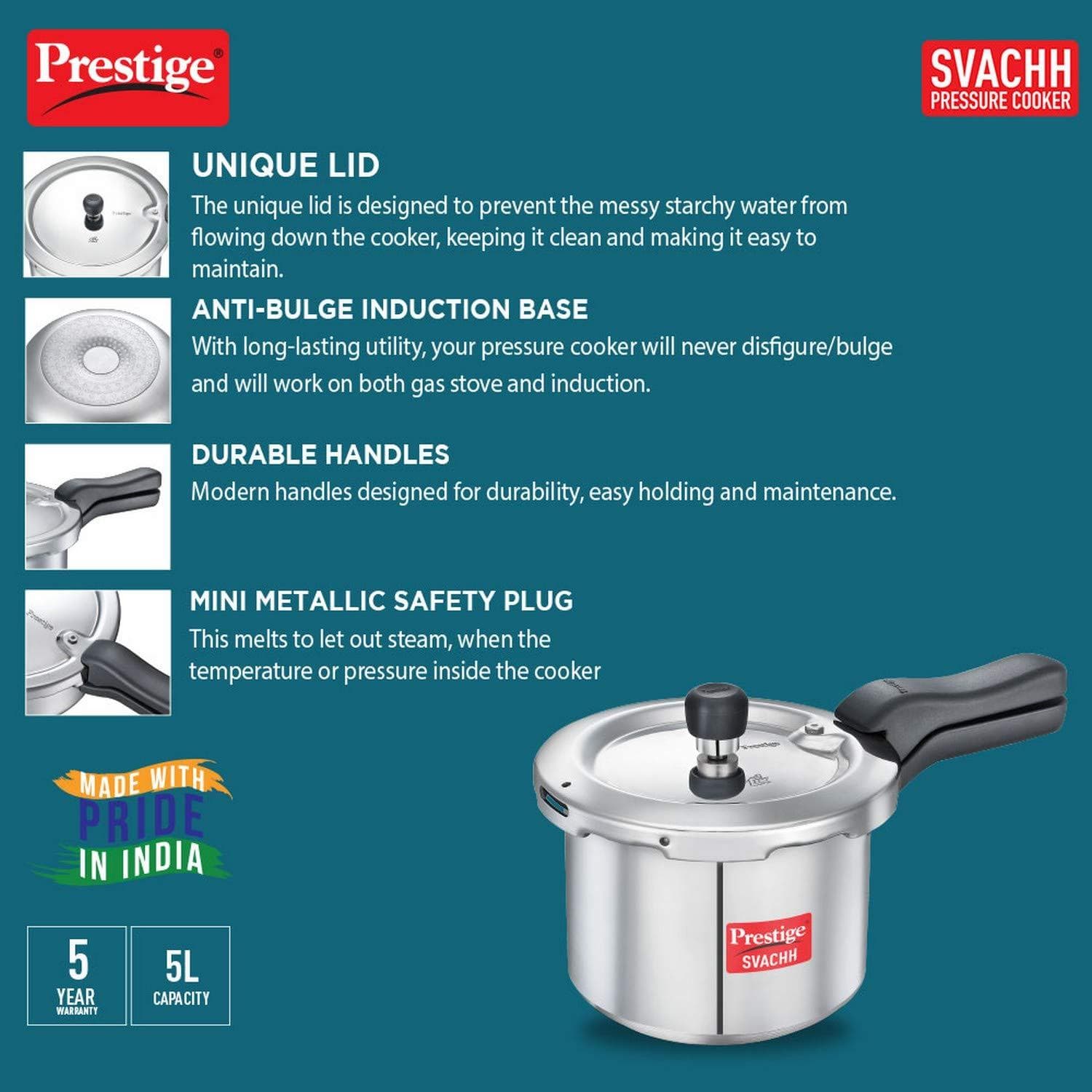 Prestige Svachh Aluminium Pressure Cooker, with Spillage Control, 5L-Home & Kitchen Accessories-dealsplant