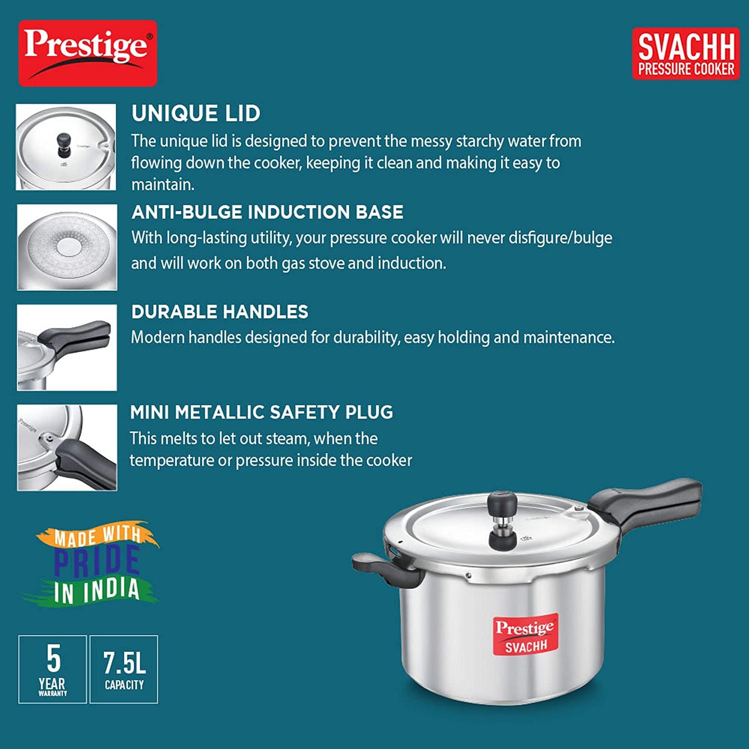 Prestige Svachh Aluminium Pressure Cooker, with Spillage Control, 5L-Home & Kitchen Accessories-dealsplant