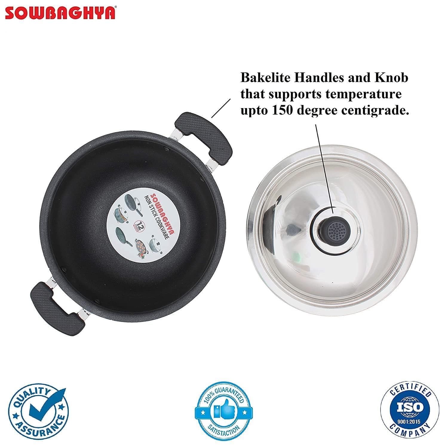 SOWBAGHYA Aluminium Non Stick Deep Kadai with Stainless Steel Lid (2 L, Grey and Black)-Home & Kitchen Appliances-dealsplant