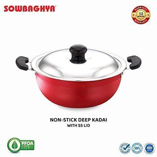 SOWBAGHYA Aluminium Non Stick Deep Kadai with Stainless Steel Lid (2 L, Grey and Black)-Home & Kitchen Appliances-dealsplant