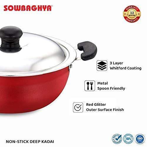 SOWBAGHYA Aluminium Non Stick Deep Kadai with Stainless Steel Lid (2 L, Grey and Black)-Home & Kitchen Appliances-dealsplant