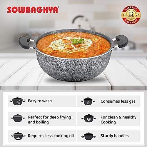 SOWBAGHYA Aluminium Non Stick Deep Kadai with Stainless Steel Lid (2 L, Grey and Black)-Home & Kitchen Appliances-dealsplant