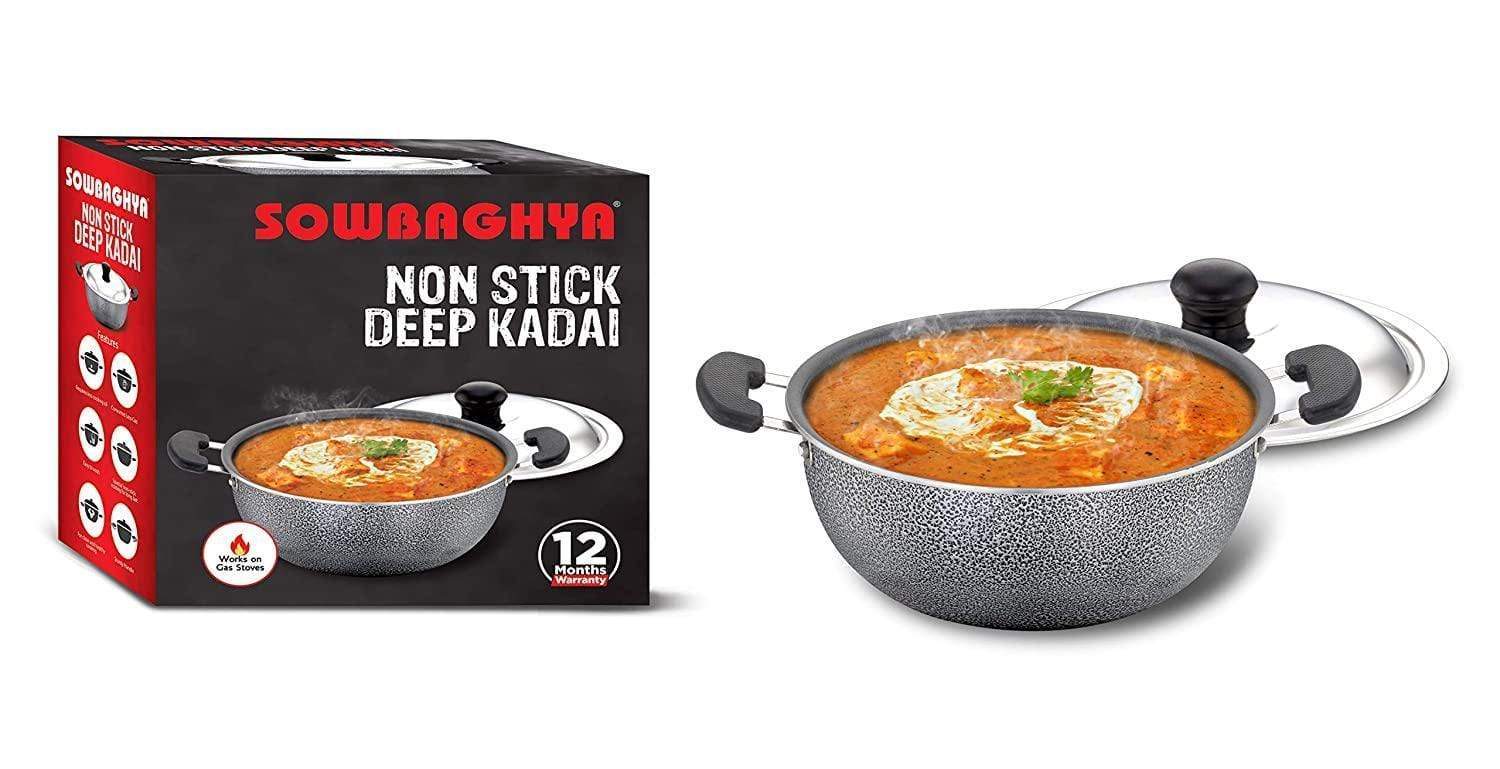 SOWBAGHYA Aluminium Non Stick Deep Kadai with Stainless Steel Lid (2 L, Grey and Black)-Home & Kitchen Appliances-dealsplant