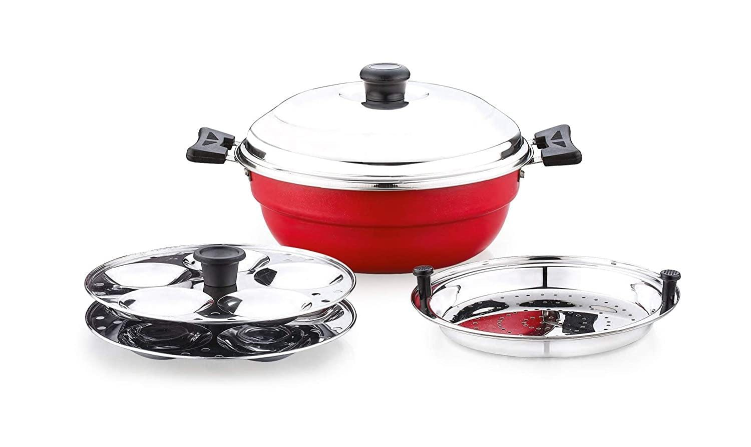 Sowbaghya Non Stick Induction Base Multi Kadai (2 Idly Plates + 1 Steamer Plate)-Home & Kitchen Appliances-dealsplant