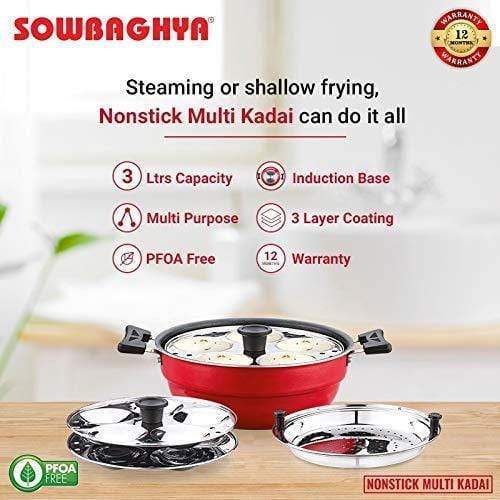 Sowbaghya Non Stick Induction Base Multi Kadai (2 Idly Plates + 1 Steamer Plate)-Home & Kitchen Appliances-dealsplant