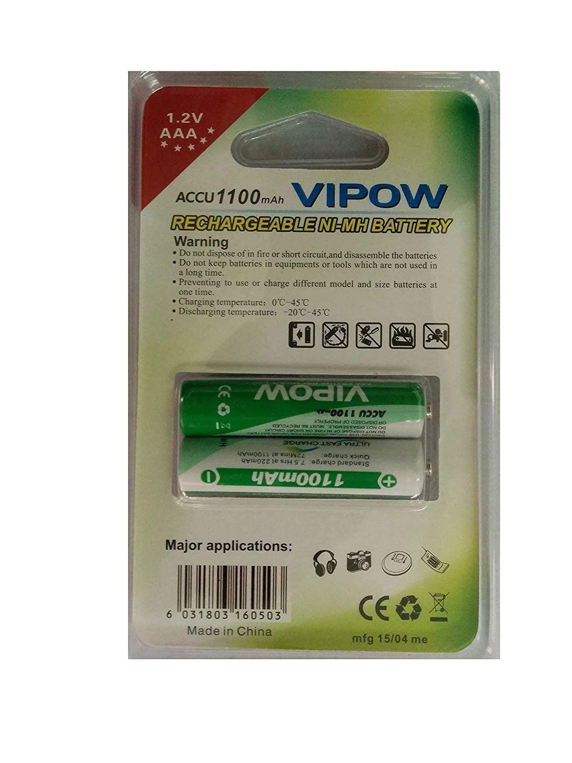 Vipow 1.2V Ni-Mh AAA 1100mah Rechargeable Battery 1 pack (2-Pieces)-Rechargeable Batteries-dealsplant