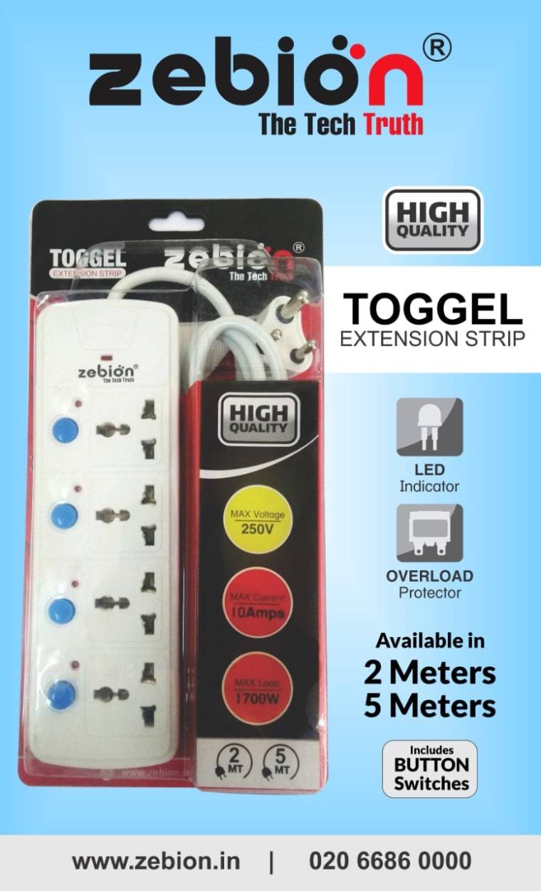 Zebion pure power Toggel 4 Strip Surge Protector (2-meter White)-Power Strip-dealsplant