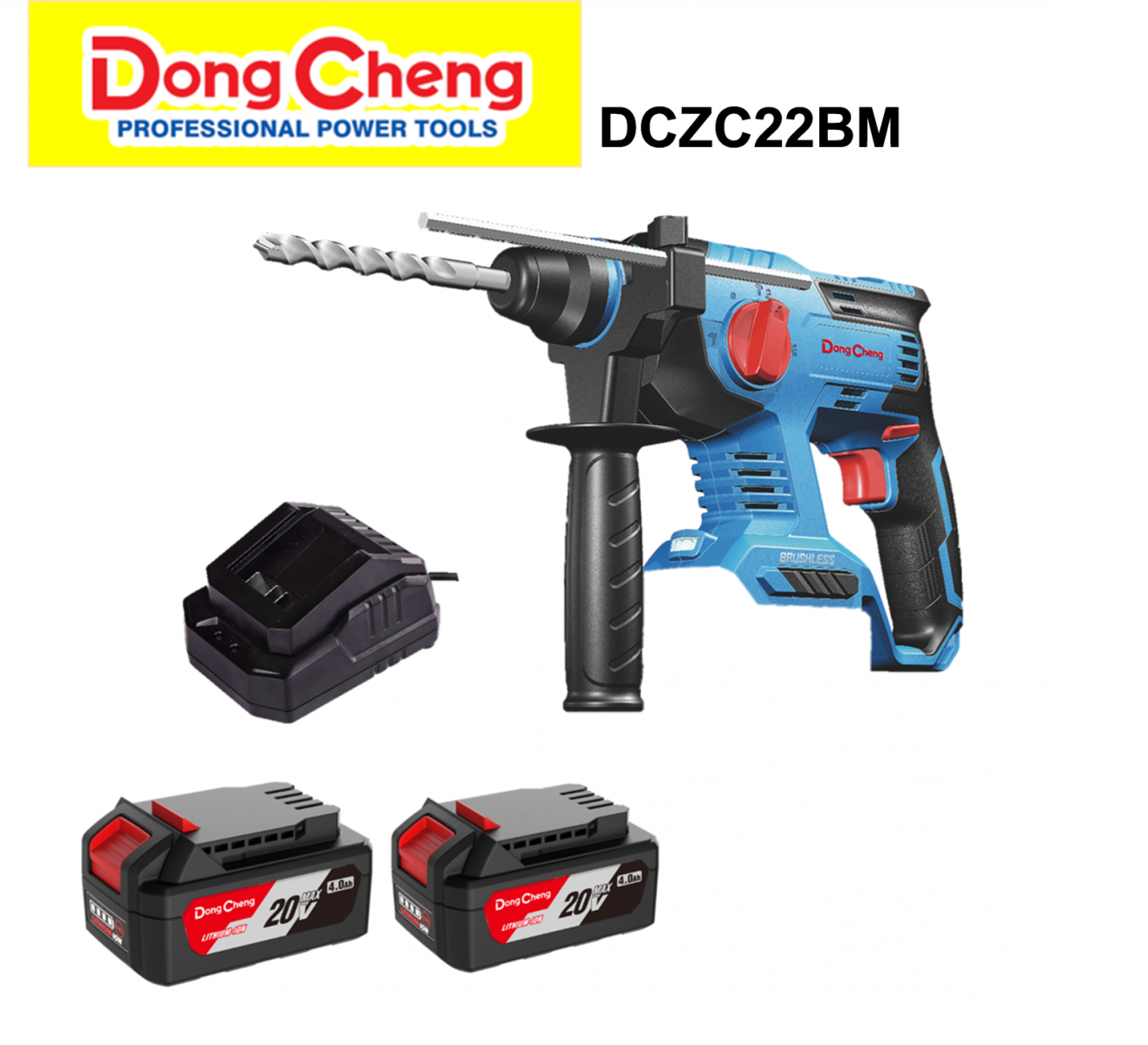 Dongcheng DCZC22 BM Cordless Brushless 22 mm Rotary Hammer 20V/4.0Ah x 2 Battery 1 Charger-Rotary Hammer-dealsplant
