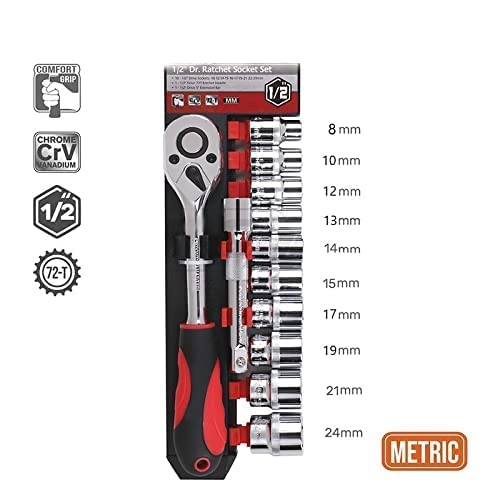 TAT Tools 1/2" DR Socket Wrench Set Chrome Vanadium 12 pcs, Fixed Square end and Hex end-Wrench Set-dealsplant