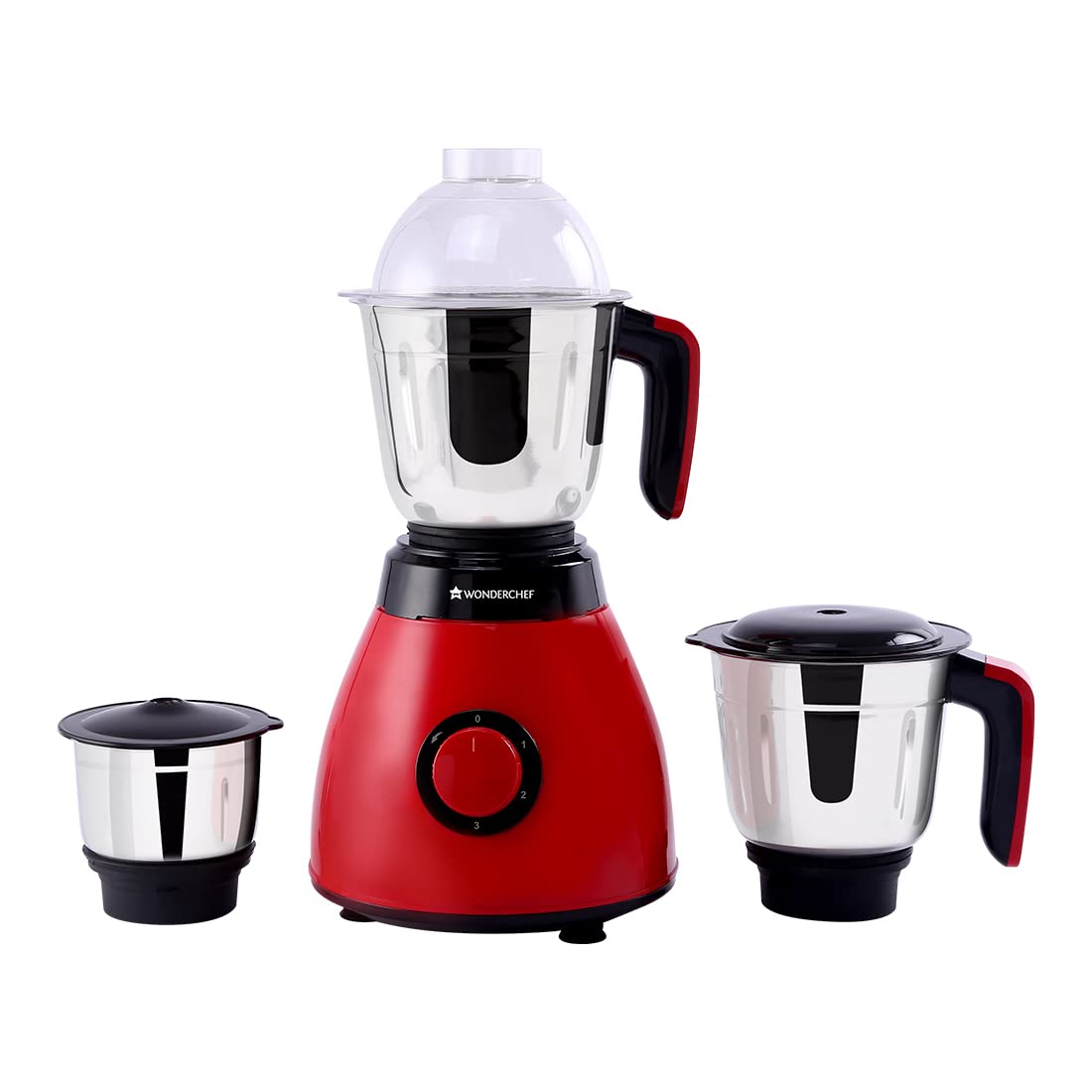 Wonderchef Vesper Mixer Grinder | 3 leak-proof stainless steel Jars with secure lids | Powerful 600W motor | 3-Speed & Pulse Function | Anti Skid Feets | 5 years warranty on motor | Red-Home & Kitchen Accessories-dealsplant