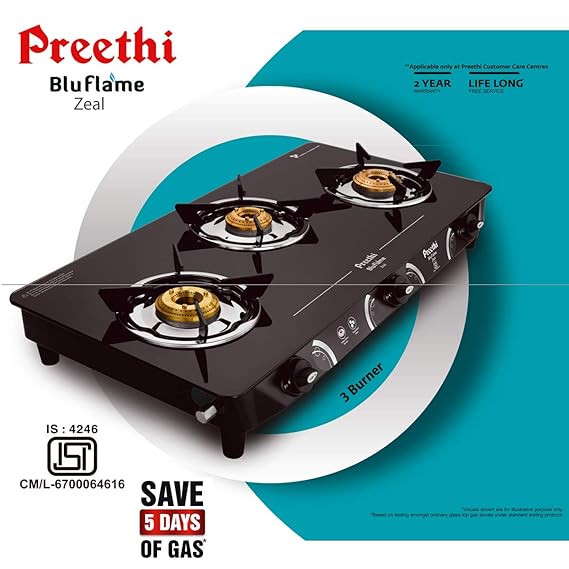 Preethi Zeal 3 Burner Glass Top Gas Stove-GAS STOVE-dealsplant