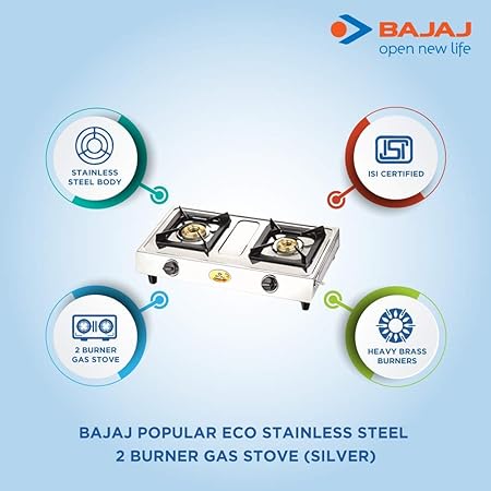 Bajaj Popular Eco, 2-Burner Open Stainless Steel, ISI Certified, Gas Stove (Silver, Black)-GAS STOVE-dealsplant