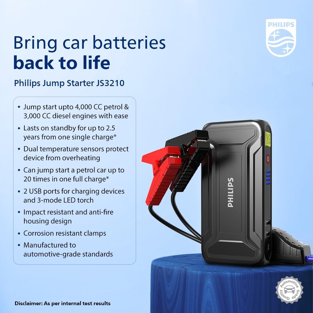 Philips Car Jump Starter JS3210 | Compact Design | Compatible with 4.0L Petrol Engine, 3.0L Diesel Engine and Two Wheeler | 9900mAH-dealsplant