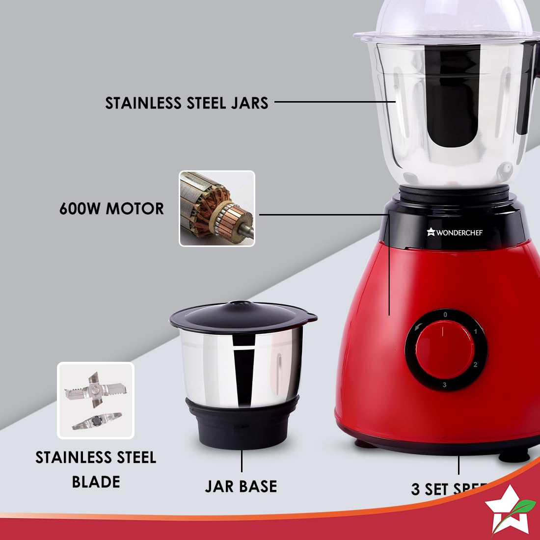 Wonderchef Vesper Mixer Grinder | 3 leak-proof stainless steel Jars with secure lids | Powerful 600W motor | 3-Speed & Pulse Function | Anti Skid Feets | 5 years warranty on motor | Red-Home & Kitchen Accessories-dealsplant