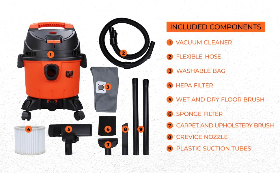 BLACK+DECKER WDBD15 15-Litre, 1400 Watt, 16 KPa High Suction Wet and Dry Vacuum Cleaner and Blower with HEPA Filter and Reusable Dustbag (Red/Grey)