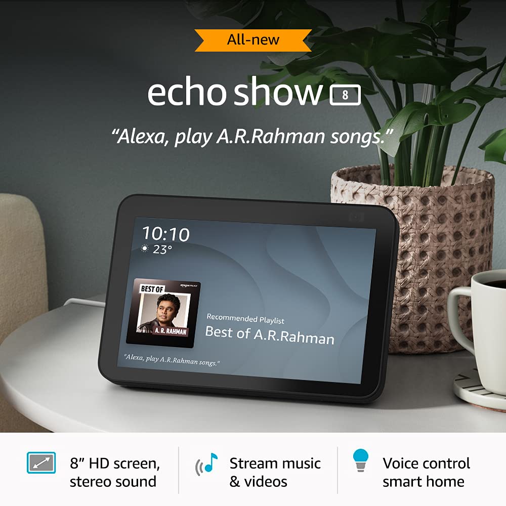 Amazon Echo Show 8 (2nd Gen, 2021 release)- Smart speaker with 8" HD screen with Alexa (Black) & Get 1 AVITA BULB FREE (WORTH rs-1299) Exclusive for Deals plant customers.-Audio Speakers-dealsplant