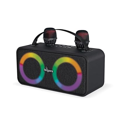 FINGERS 2Mic-Karaoke Portable Speaker with 2 Wireless Mics (RGB Lights, 6-Hour Playback, 24 W Intense Bass, Bluetooth® | USB | MicroSD | FM Radio) – Rich Black-Speaker-dealsplant