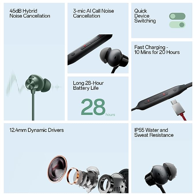 OnePlus Bullets Wireless Z2 ANC Bluetooth in Ear Earphones with Mic-Wireless Bluetooth Headphones-dealsplant