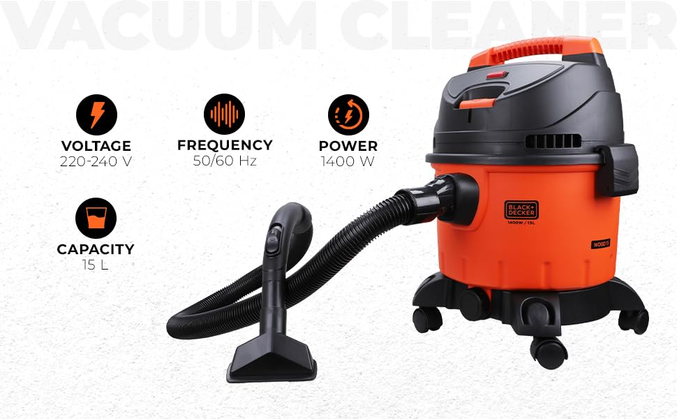 BLACK+DECKER WDBD15 15-Litre, 1400 Watt, 16 KPa High Suction Wet and Dry Vacuum Cleaner and Blower with HEPA Filter and Reusable Dustbag (Red/Grey)