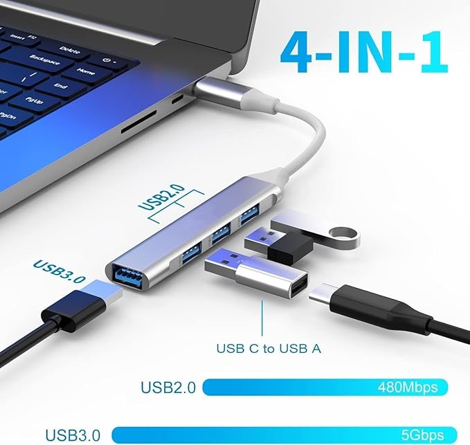 Dealsplant 4 in 1 Portable USB C Hub (Type-C to 4 USB-A Ports) with Aluminum Shell, USB Port Hub 3.0 Compatible for PC, Tablet, and Smartphone - White-USB HUB-dealsplant
