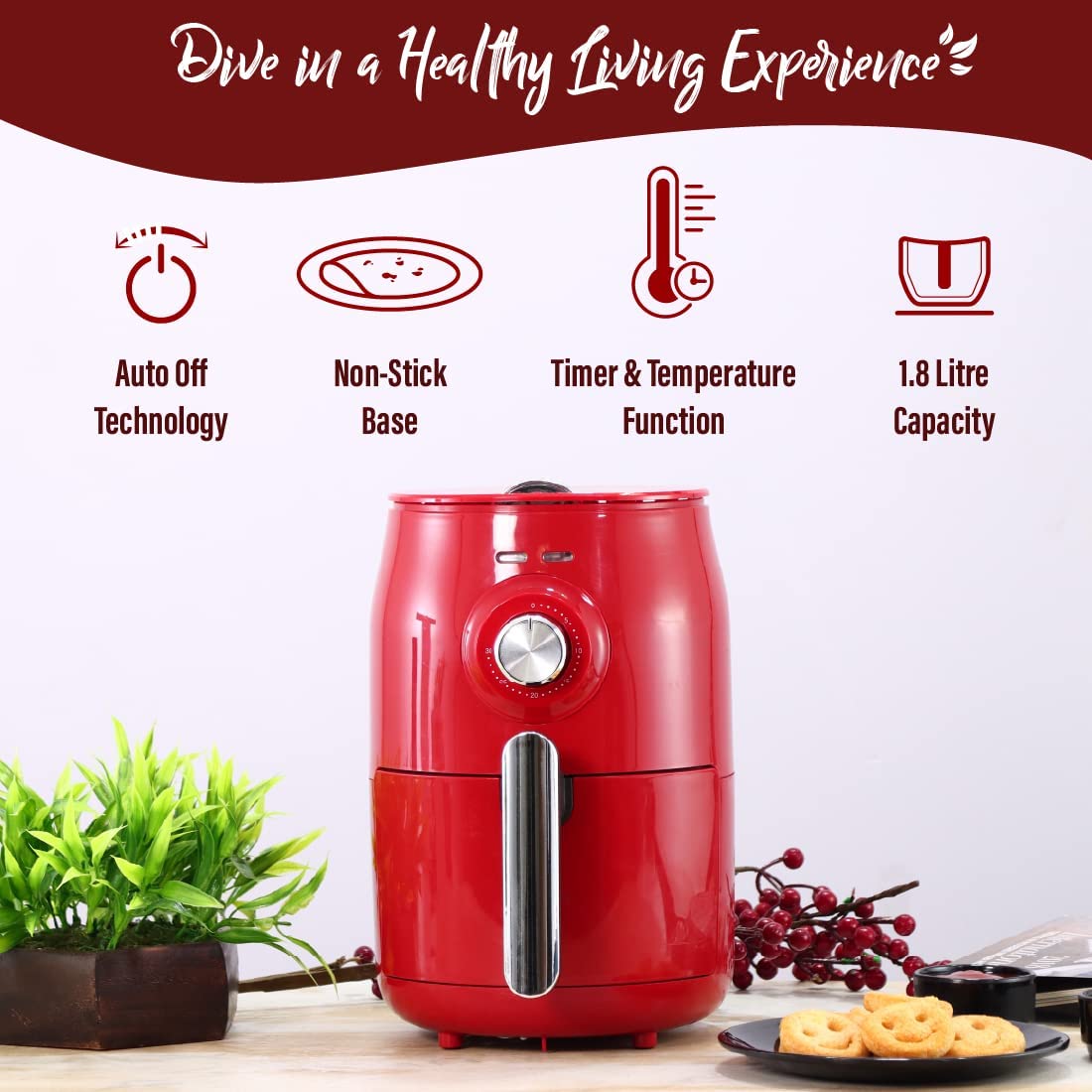 Wonderchef Crimson Edge Air Fryer for Home and Kitchen|1.8 Litres Non-stick Basket|Fry, Grill, Bake & Roast|Rapid Air Technology|Timer & Temperature Control|1000 Wattage|Red |2 Year Warranty-Home & Kitchen Accessories-dealsplant