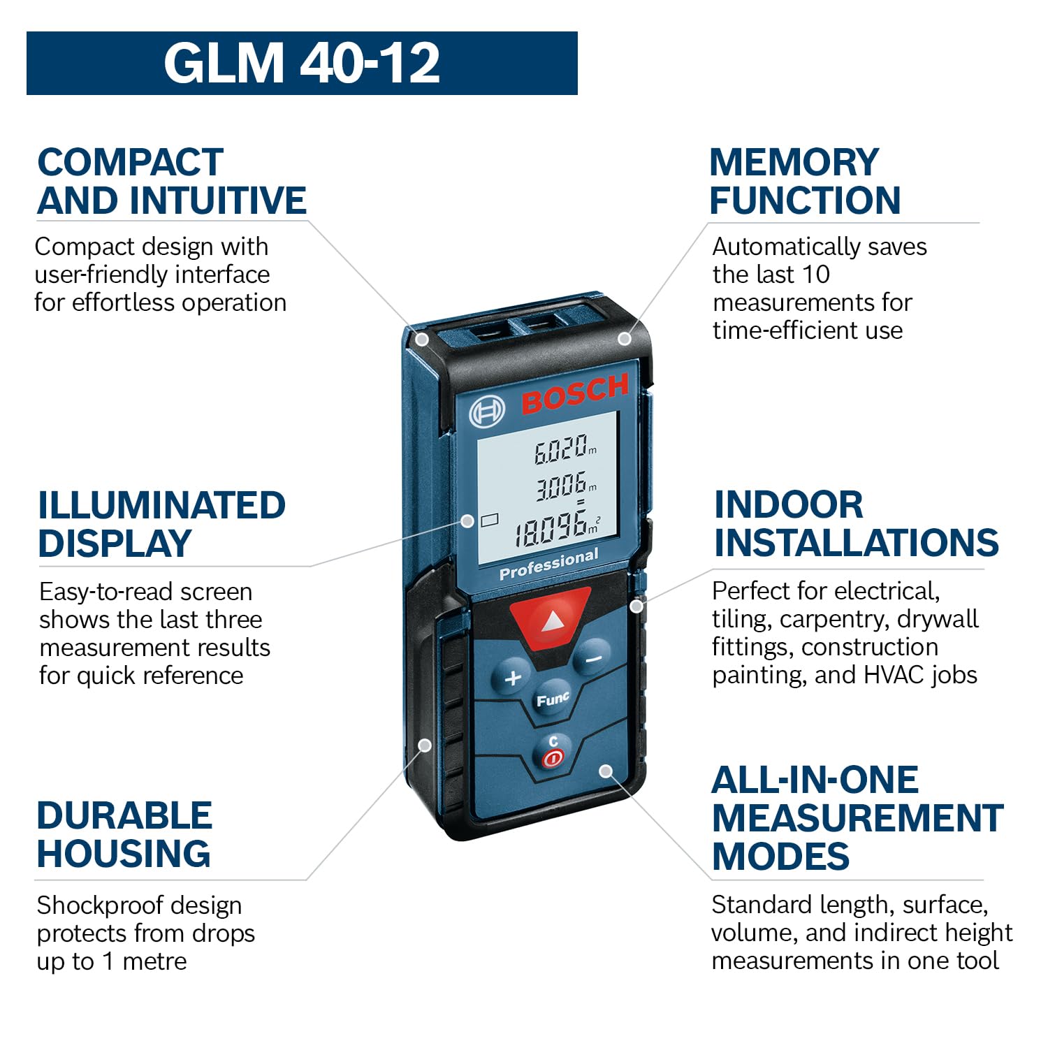 BOSCH GLM 40-12 Laser Measure | Precise Length, Area & Volume | Easy-to-Read Display | IP54 Durable | Memory Function for Fast Measurements | Compact & Pro-Grade Tool | 1 Yr Warranty-Laser Distance Meter-dealsplant