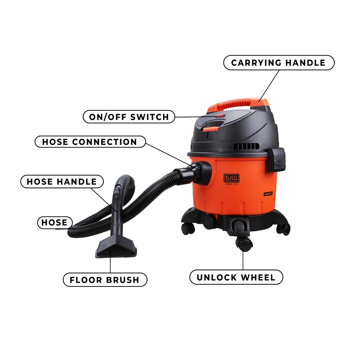 BLACK+DECKER WDBD15 15-Litre, 1400 Watt, 16 KPa High Suction Wet and Dry Vacuum Cleaner and Blower with HEPA Filter and Reusable Dustbag (Red/Grey)