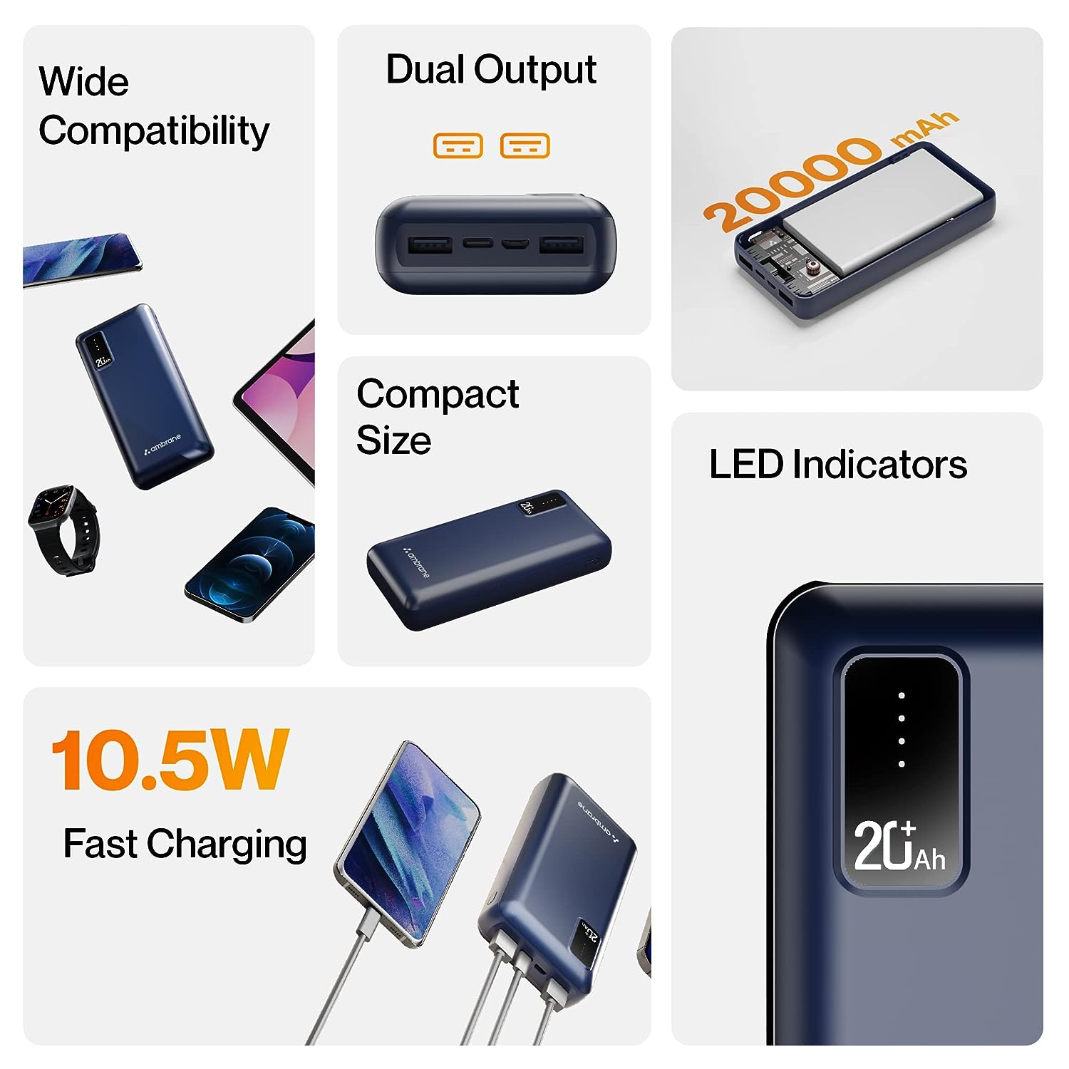 Ambrane 20000mAh Power Bank with 10.5W Fast Charging, Dual USB Output, Made in India, Multi-Layer Protection, Wide Compatibility, Stylish & Compact Design + Free Type-C Cable (Capsule 20, Blue)-Power Bank-dealsplant