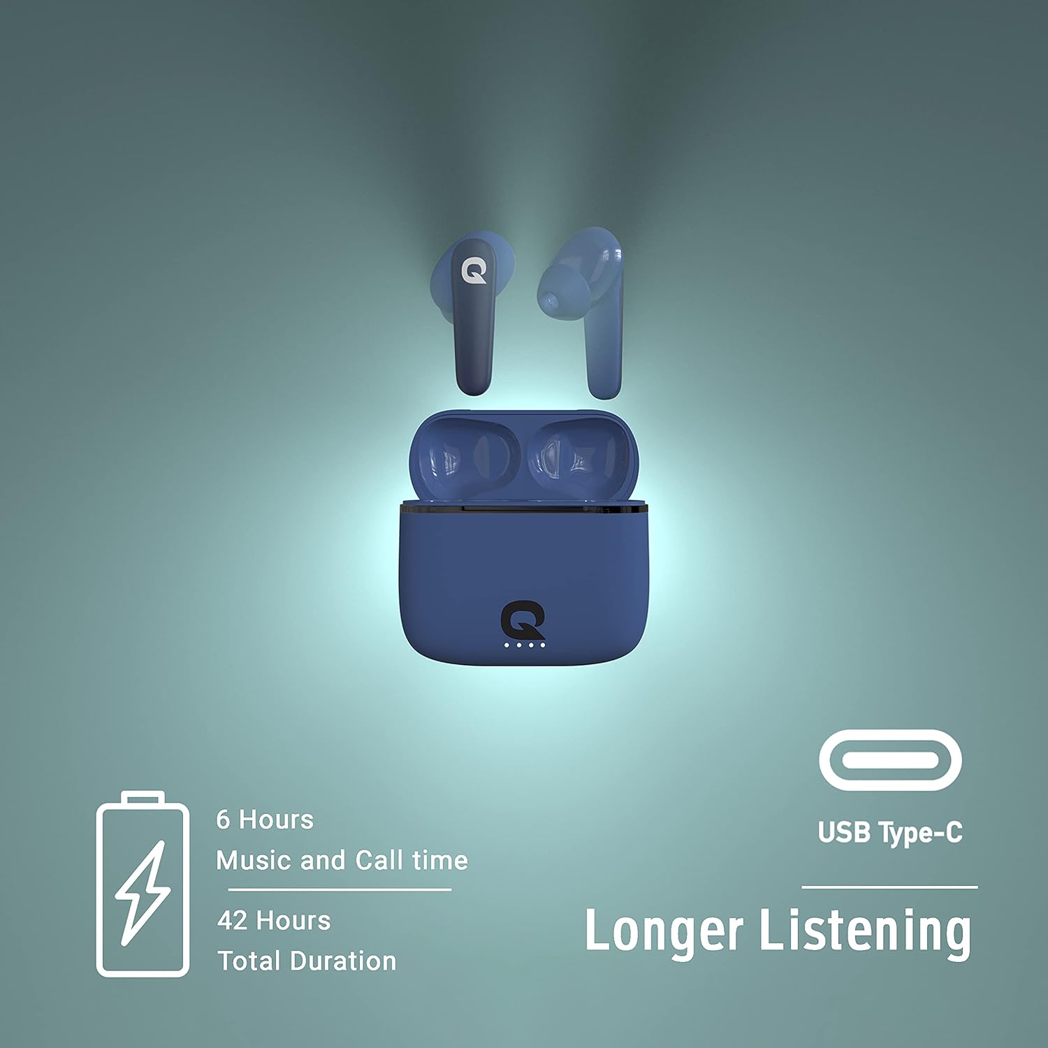 Quantum SonoTrix X True Wireless Earbuds TWS, 6 Hours Playback 42 Hours with Charging Case, Bluetooth 5.0, IPX5 Sweatproof, Touch Controls, Voice Assistance, Dual Mic, Type-C Fast Charging (Blue)-ear buds-dealsplant