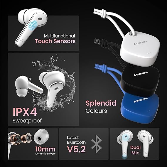 Ambrane Dots Dew True Wireless In Ear Earbuds with Up to 30 Hrs Playtime, Environmental Noise Cancellation, Latest Bluetooth V5.2, 10mm Drivers with BoostedBass, Lightweight, IPX4 Splash Proof (White)-dealsplant