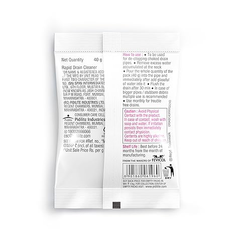 Pidilite D-Klog Drain Cleaner Powder (40g x 5 Units), Removes Clogs, Blockages in Washbasin, Septic Tank, Sinks, Pipes within 30 mins. Drain expert | Sink cleaner| Toilet Cleaner-bath filler-dealsplant