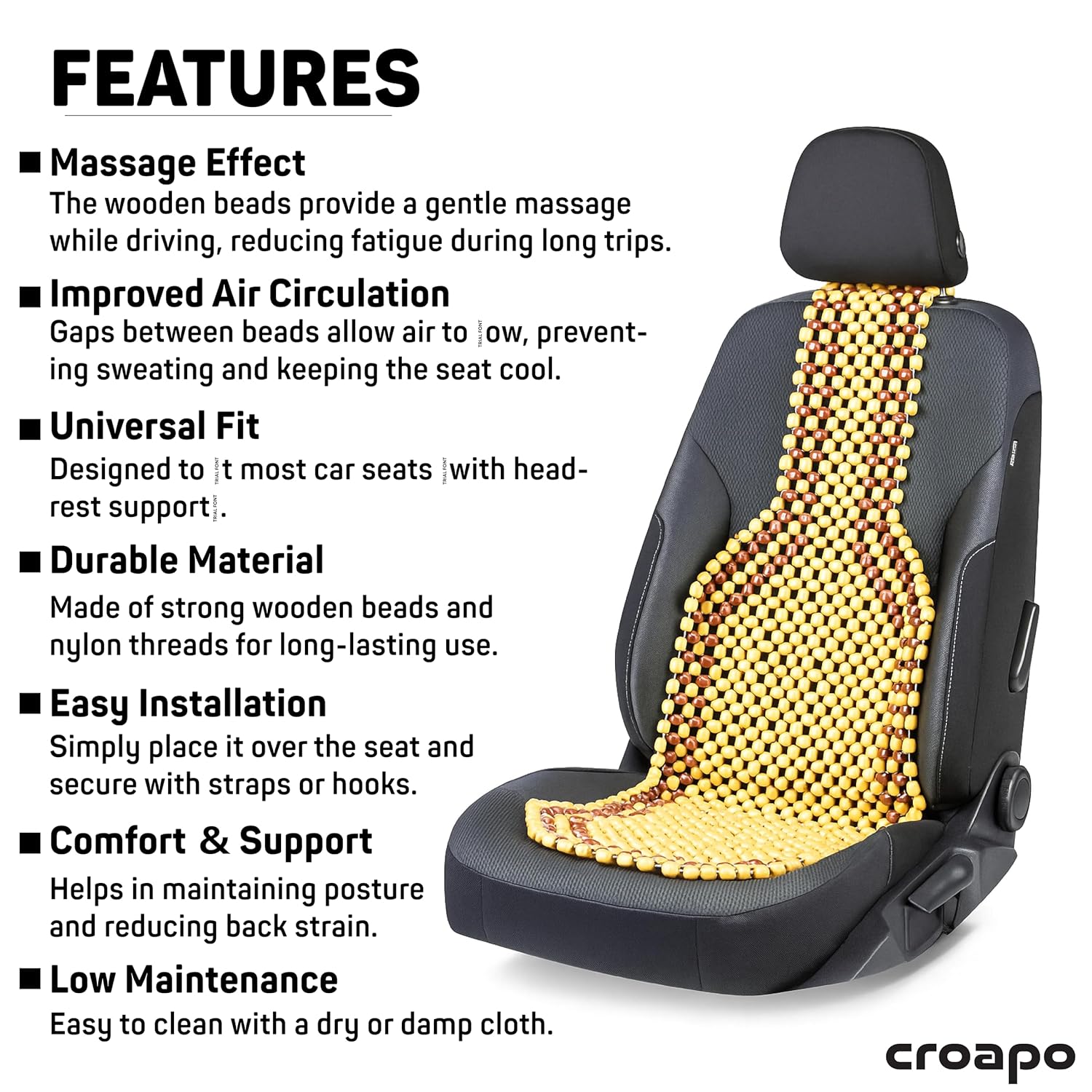 Wooden Beads Car Seat Cover Cushion – Universal Fit, Comfortable Massaging Beaded Seat Mat for Long Drives, Ventilated Car Accessories (1 Pack)-Car Accessories-dealsplant