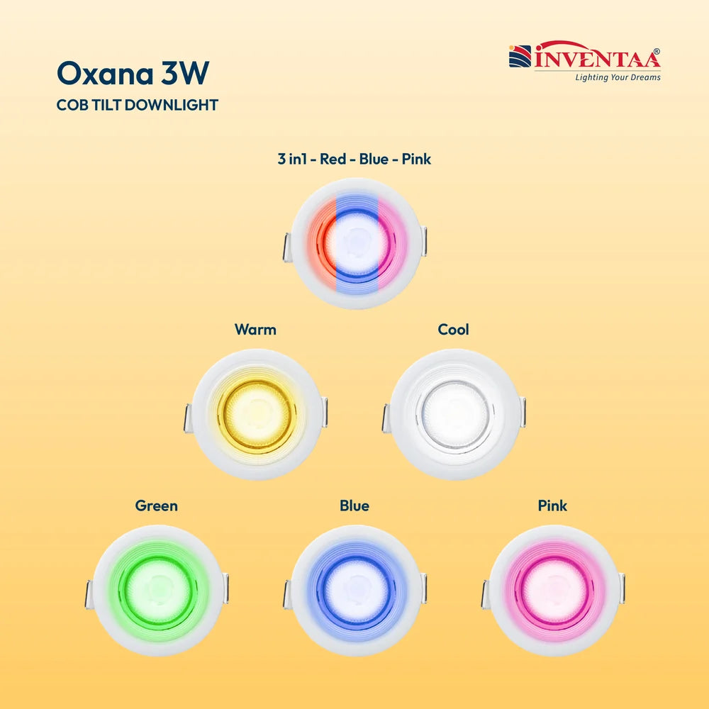 INVENTAA Oxana 3W Tilt COB LED Downlight – Adjustable, IP20, Multi-Colour