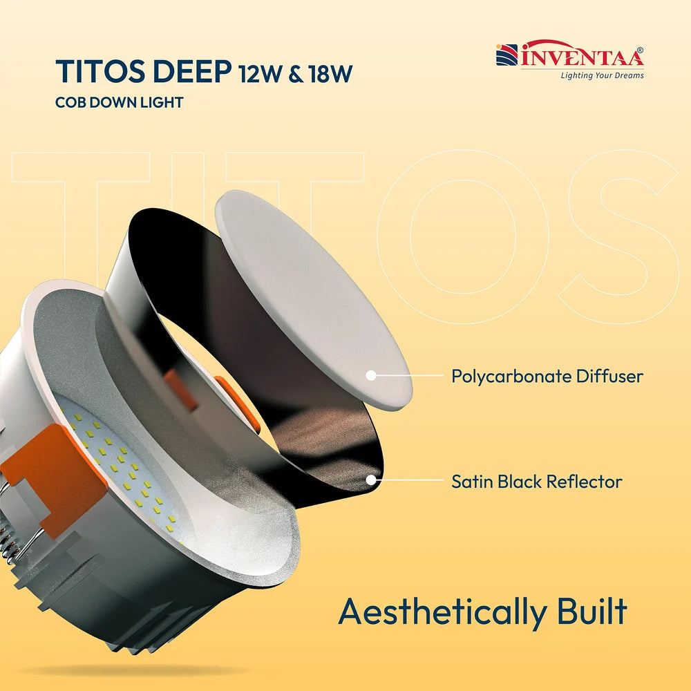 INVENTAA Titos Deep COB LED Downlight – Aluminium, IP20, 12W/18W
