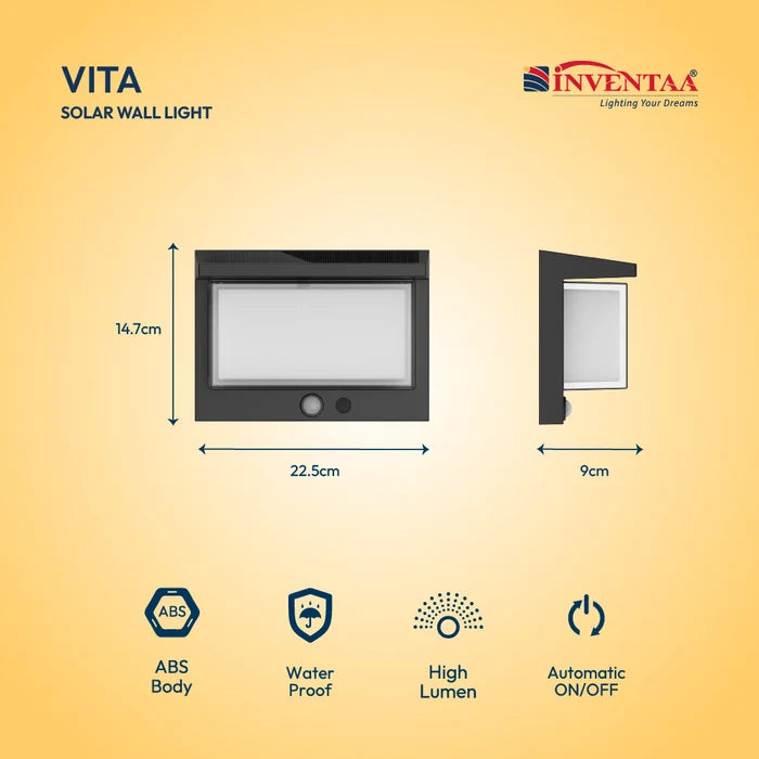 INVENTAA Vita Solar Outdoor Wall Light – Modern LED Solar Lamp for Walls & Exteriors