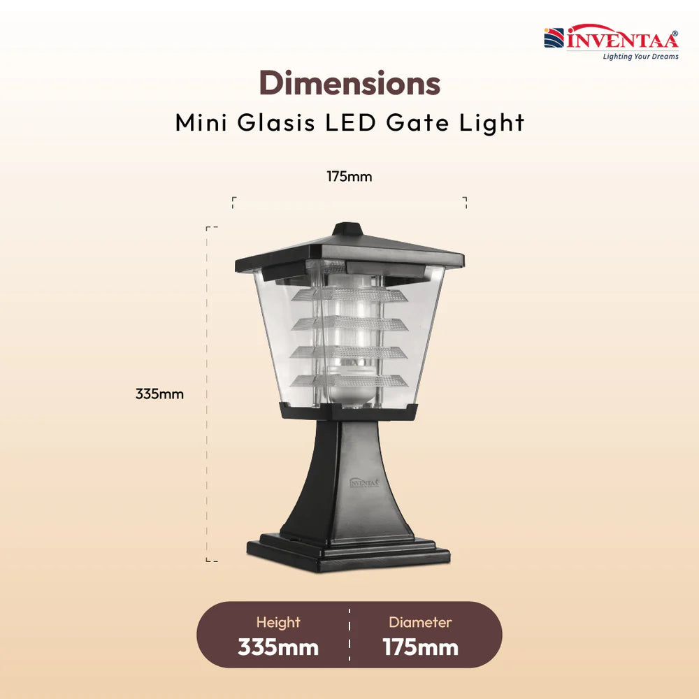 Inventaa Mini Glasis 12W Fancy Outdoor Gate Light | 3-in-1 LED (Cool, Warm & Neutral White) | Weatherproof Post Top Mount