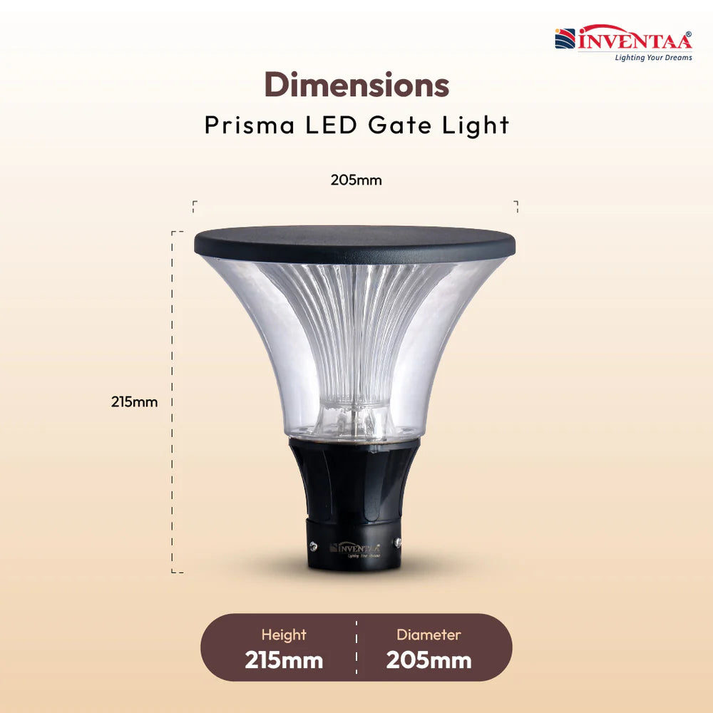 Inventaa Prisma 12W Outdoor Gate Pillar Light | 3-in-1 LED (Cool, Warm & Neutral White) | Weatherproof Post Top Mount