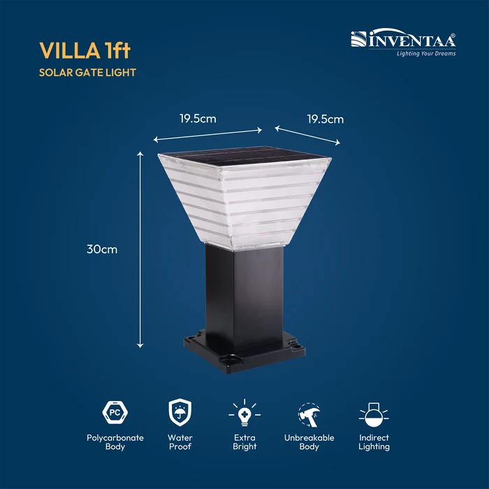 INVENTAA Villa Solar Bollard Light – LED Solar Outdoor Garden & Pathway Light | 1ft 1.5ft 2ft