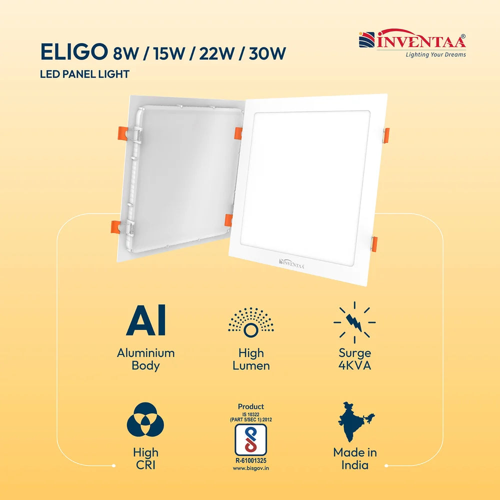 INVENTAA Eligo Square LED Panel Light – 8W/15W/22W/30W | Cool, Warm & Neutral