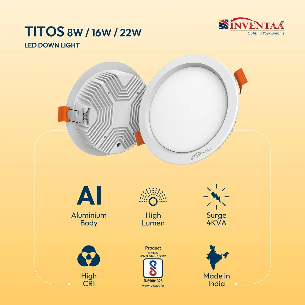 INVENTAA Titos LED Recessed Down Light – Round, IP20, 8W/15W/22W-Indoor Lighting-dealsplant