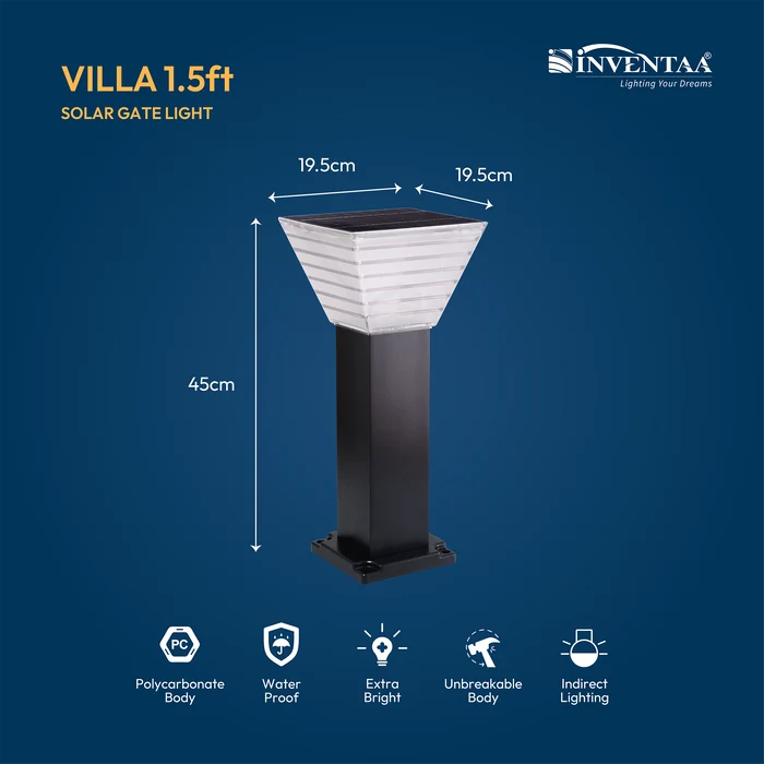 INVENTAA Villa Solar Bollard Light – LED Solar Outdoor Garden & Pathway Light | 1ft 1.5ft 2ft
