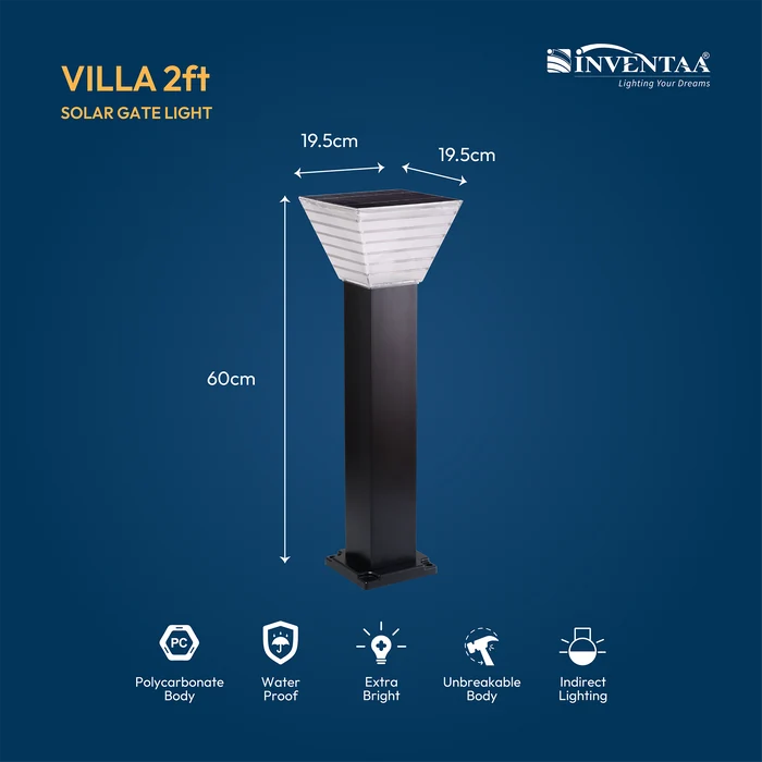 INVENTAA Villa Solar Bollard Light – LED Solar Outdoor Garden & Pathway Light | 1ft 1.5ft 2ft