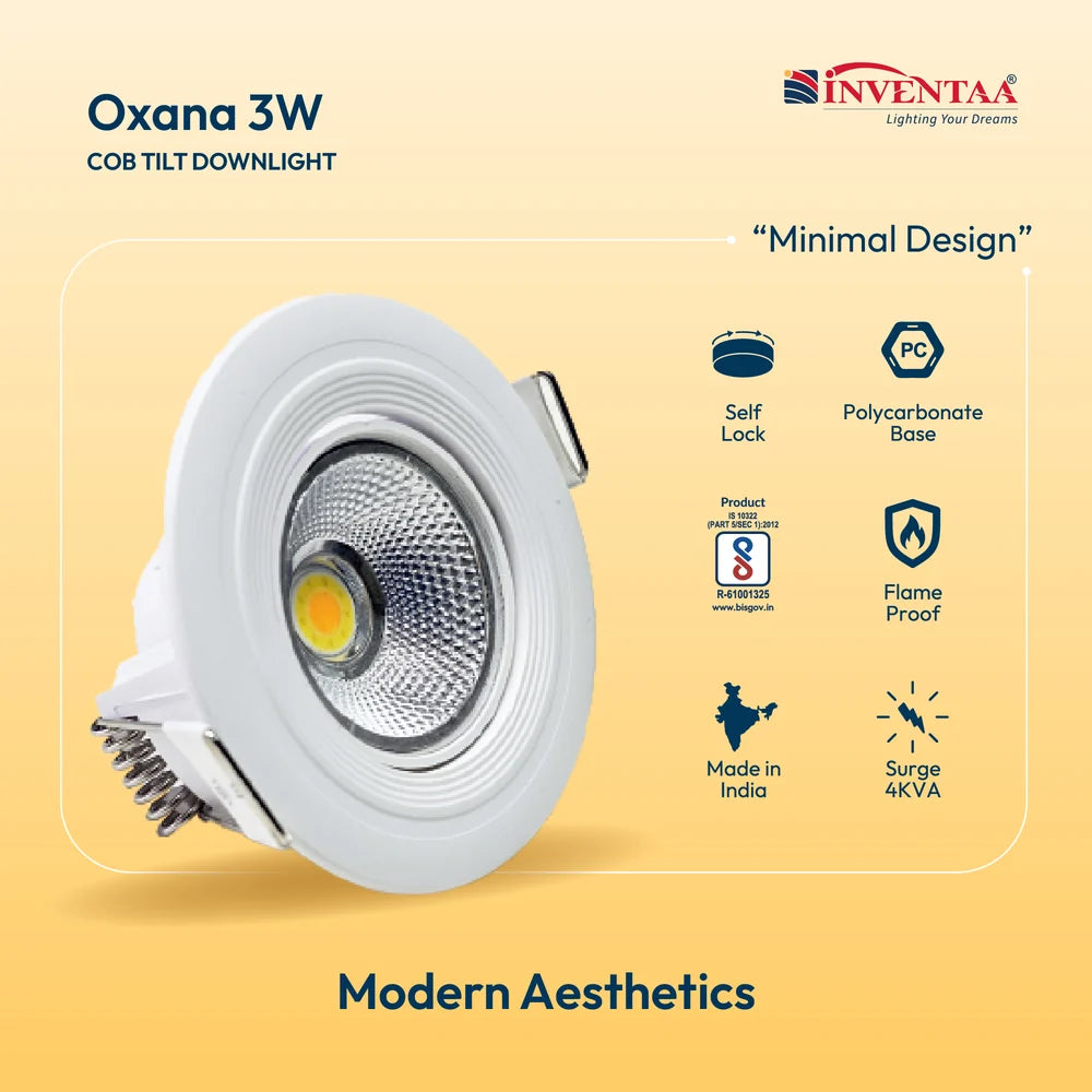 INVENTAA Oxana 3W Tilt COB LED Downlight – Adjustable, IP20, Multi-Colour