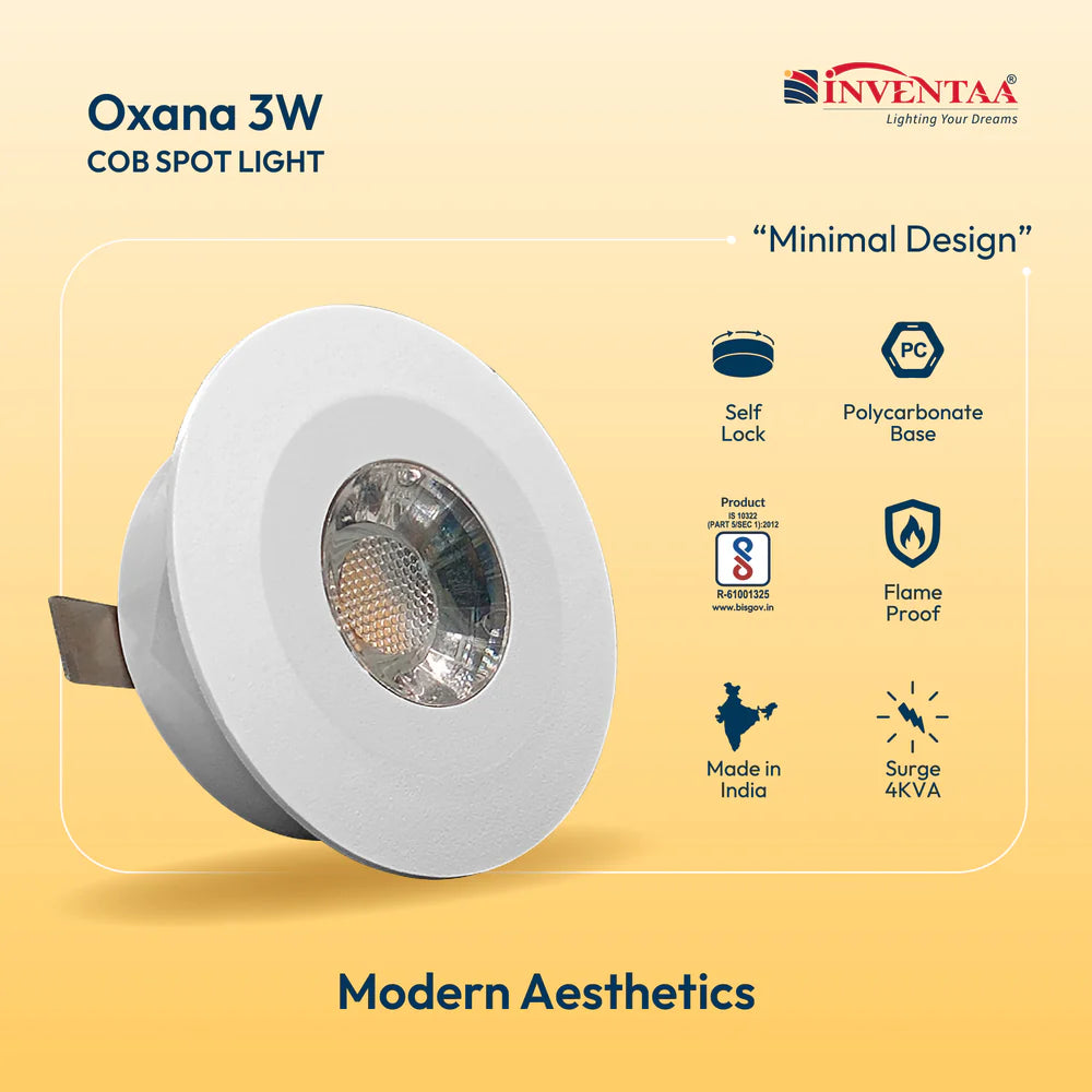 INVENTAA Oxana 3W COB LED Spotlight – Recessed, IP20, Multi-Colour
